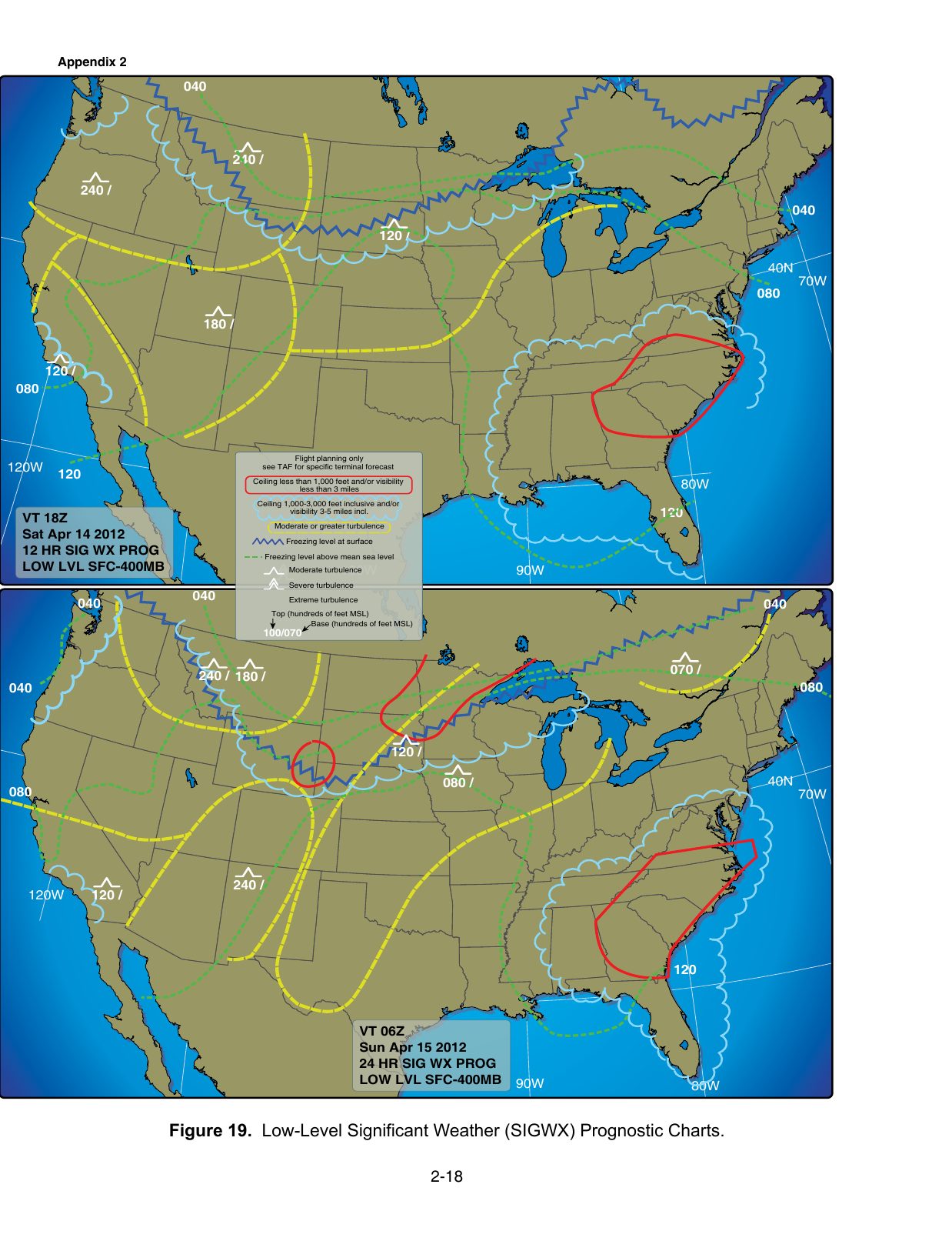 Figure 19. Low-Level Significant Weather (SIGWX) Prognostic Charts. Low-level significant weather prognostic charts (12/24-hour) with symbology.