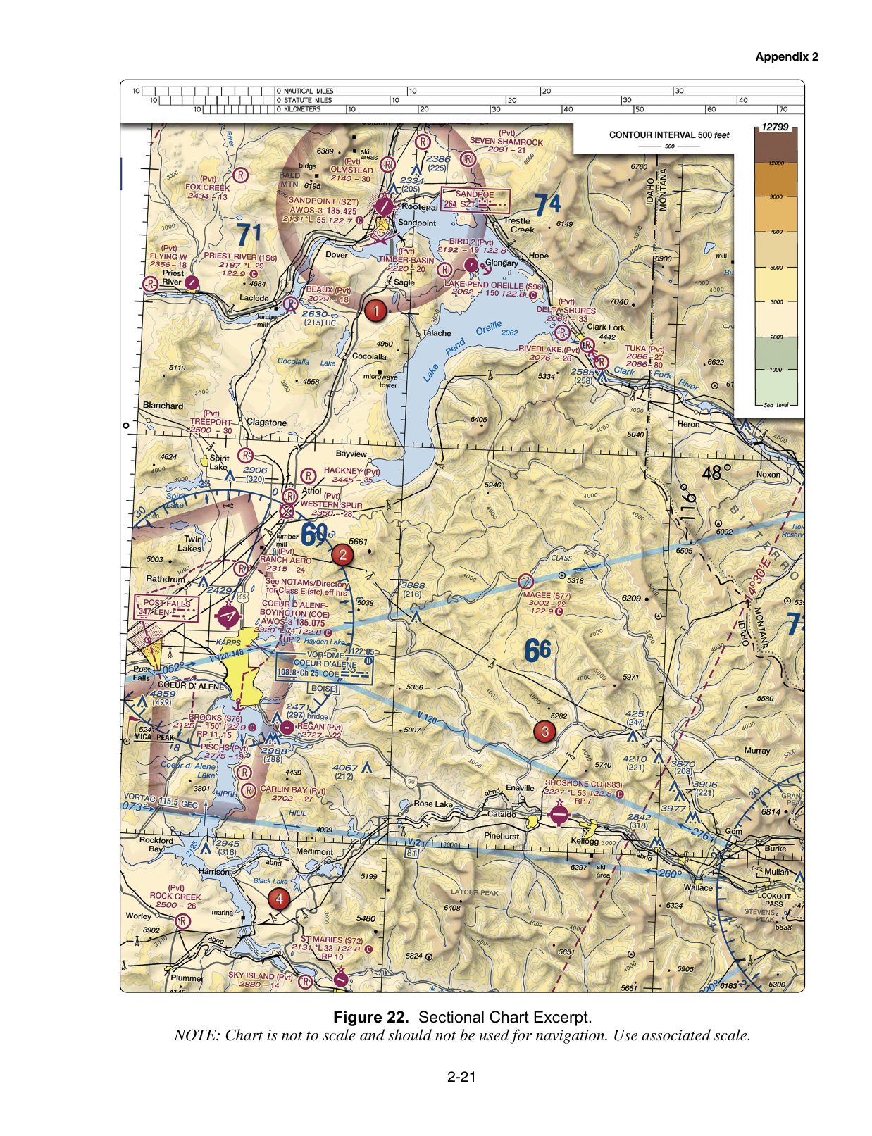 Figure 22. Sectional Chart Excerpt. Excerpt from a VFR sectional aeronautical chart, reproduced from the FAA knowledge-test supplement. Enlarge to read airport data, airspace boundaries, terrain and obstruction elevations, navaids and radio frequencies referenced by the associated test questions.