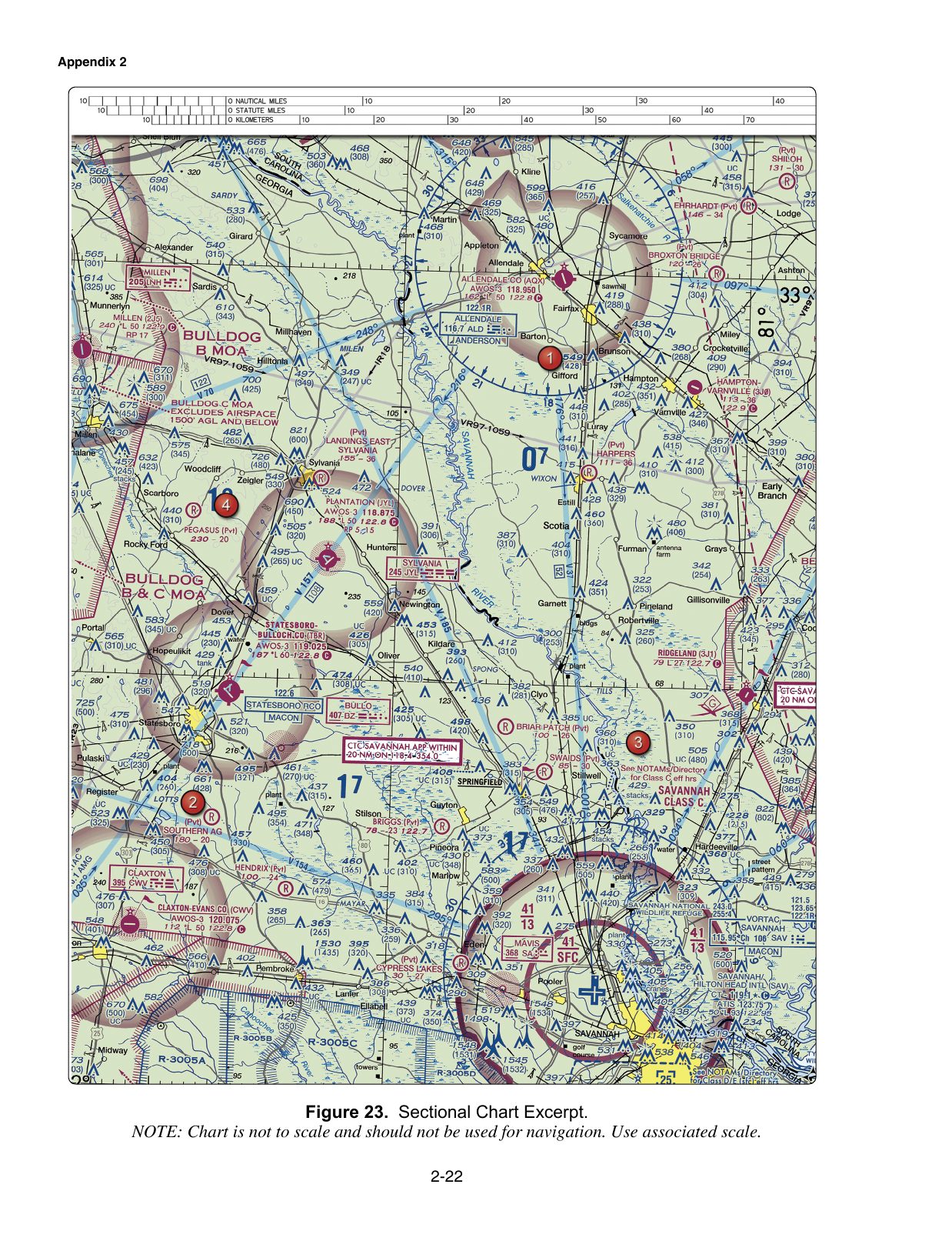 Figure 23. Sectional Chart Excerpt. Excerpt from a VFR sectional aeronautical chart, reproduced from the FAA knowledge-test supplement. Enlarge to read airport data, airspace boundaries, terrain and obstruction elevations, navaids and radio frequencies referenced by the associated test questions.