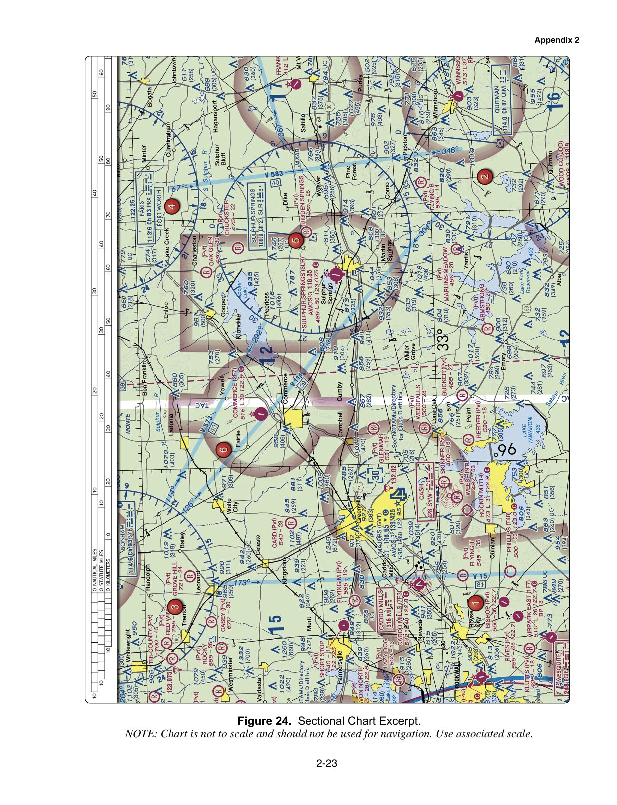 Figure 24. Sectional Chart Excerpt. Excerpt from a VFR sectional aeronautical chart, reproduced from the FAA knowledge-test supplement. Enlarge to read airport data, airspace boundaries, terrain and obstruction elevations, navaids and radio frequencies referenced by the associated test questions.