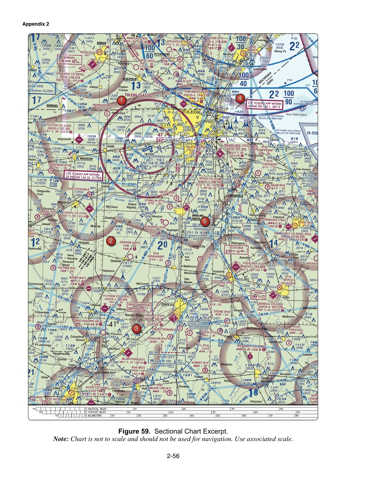 Figure 59. Sectional Chart Excerpt. Excerpt from a VFR sectional aeronautical chart, reproduced from the FAA knowledge-test supplement. Enlarge to read airport data, airspace boundaries, terrain and obstruction elevations, navaids and radio frequencies referenced by the associated test questions.