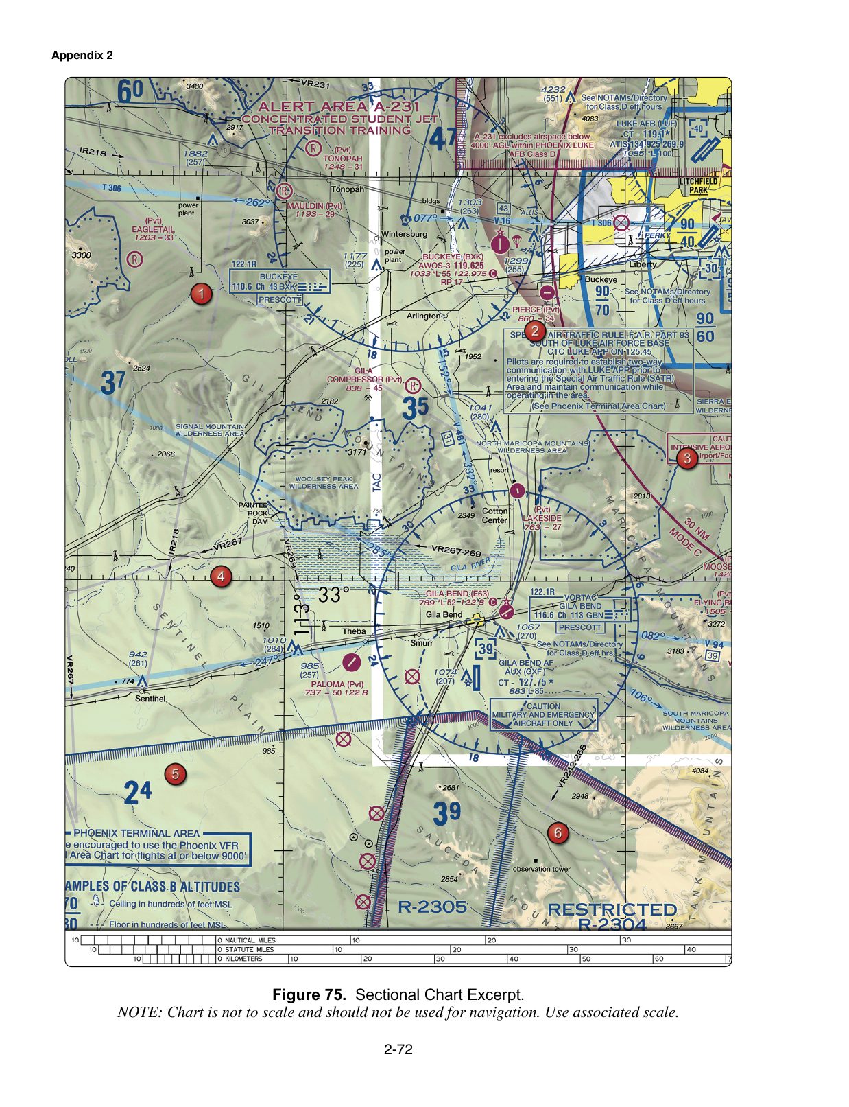 Figure 75. Sectional Chart Excerpt. Excerpt from a VFR sectional aeronautical chart, reproduced from the FAA knowledge-test supplement. Enlarge to read airport data, airspace boundaries, terrain and obstruction elevations, navaids and radio frequencies referenced by the associated test questions.