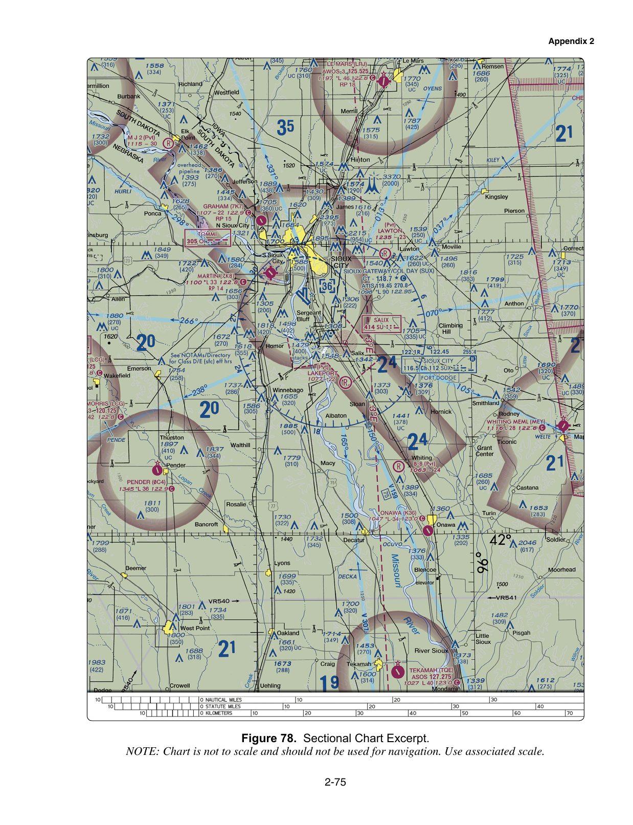 Figure 78. Sectional Chart Excerpt. Excerpt from a VFR sectional aeronautical chart, reproduced from the FAA knowledge-test supplement. Enlarge to read airport data, airspace boundaries, terrain and obstruction elevations, navaids and radio frequencies referenced by the associated test questions.