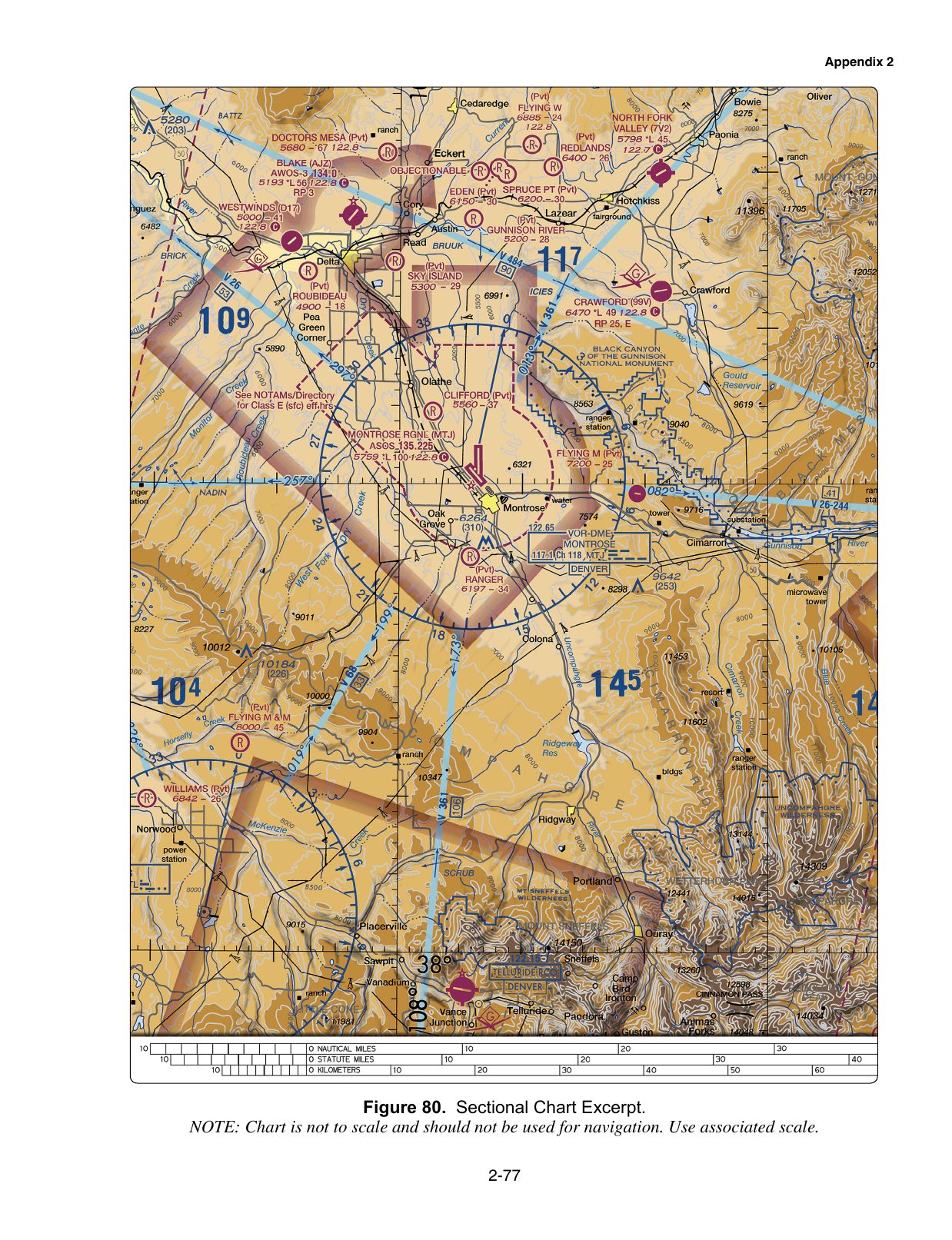 Figure 80. Sectional Chart Excerpt. Excerpt from a VFR sectional aeronautical chart, reproduced from the FAA knowledge-test supplement. Enlarge to read airport data, airspace boundaries, terrain and obstruction elevations, navaids and radio frequencies referenced by the associated test questions.